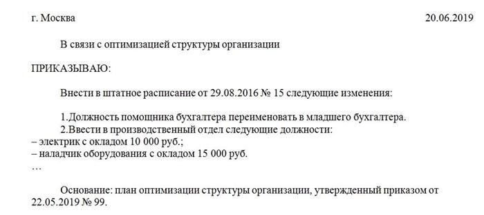 Руководство о реализации новой позиции в кадровом составе пример