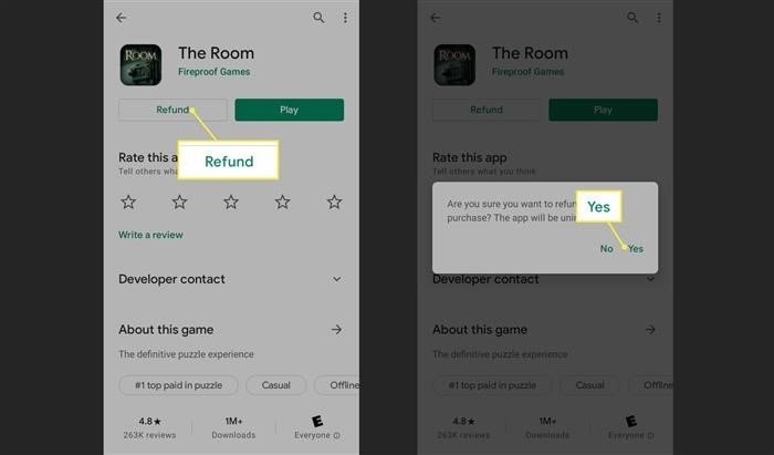 Возврат и утвердительный ответ в приложении Google Play.