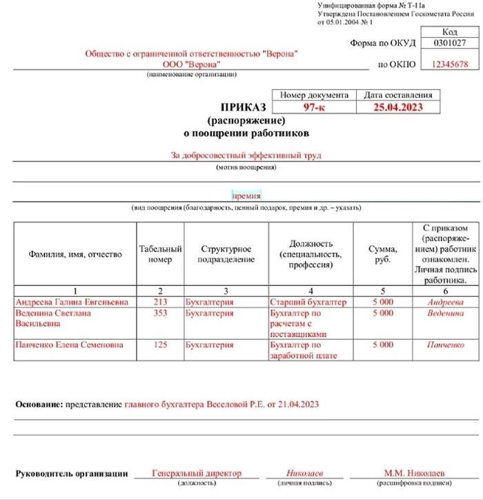 Распоряжение об определении наград для трудовых поощрений в соответствии с бланком Т-11а